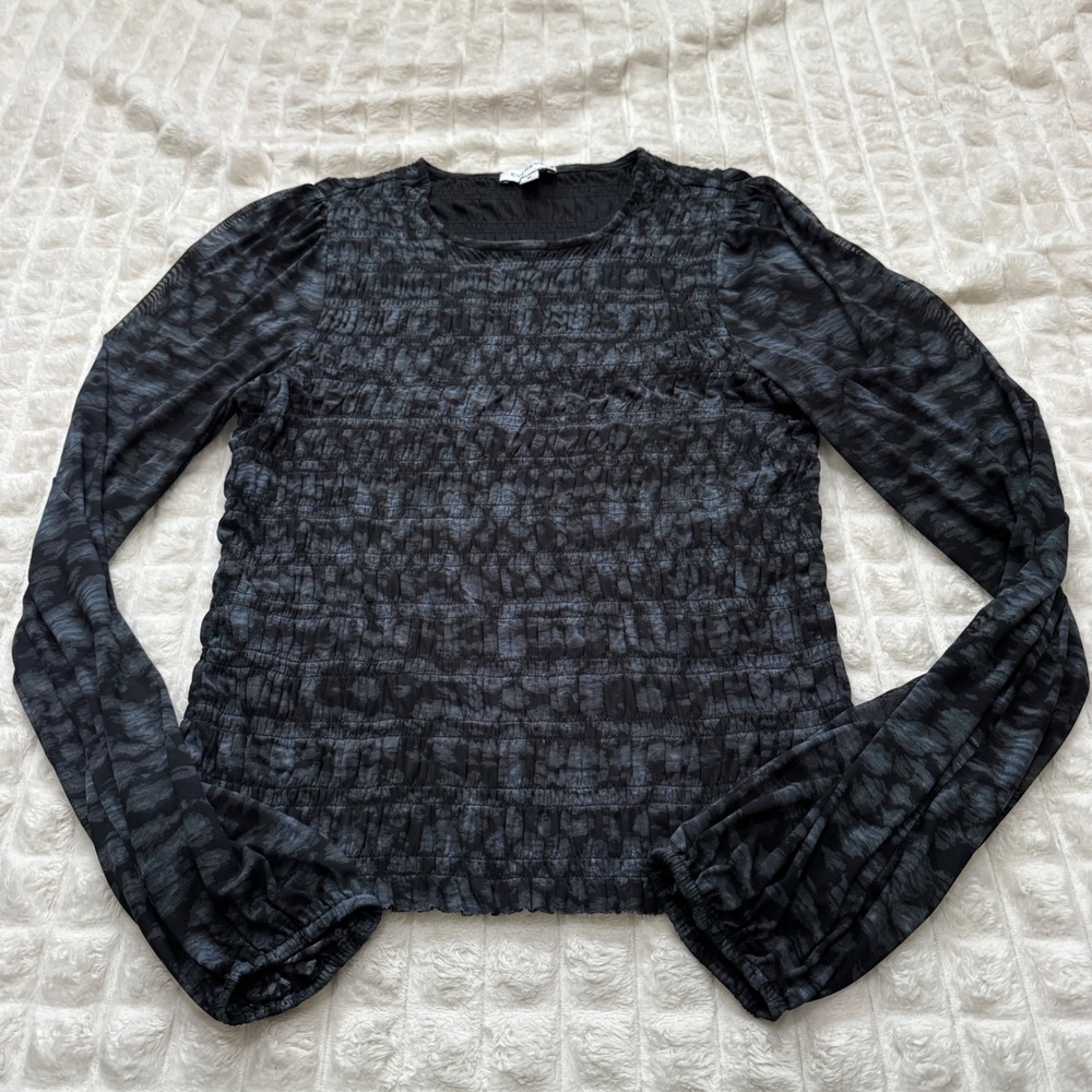 Evereve Medium Blue Black Smocked Sheer Sleeve Blouse Top Whimsigoth Y2K